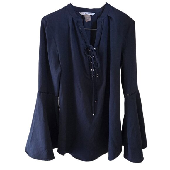 Nygard Tops - Nygard Navy Blue Lace-Up Bell Sleeve Blouse